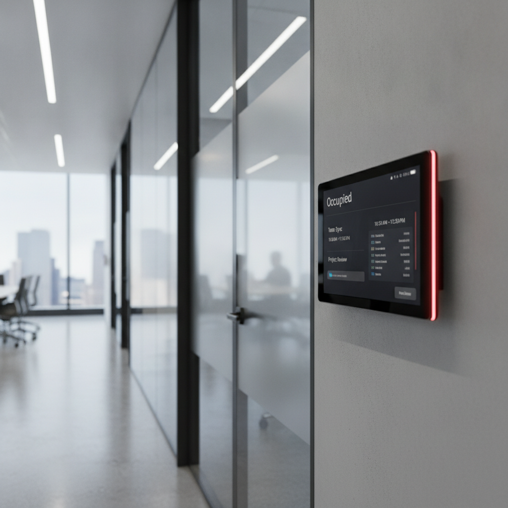 Display fuori porta sale riunioni montato su parete in vetro