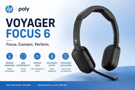 HP Poly Focus 6 cuffie professionali su scrivania ufficio moderno