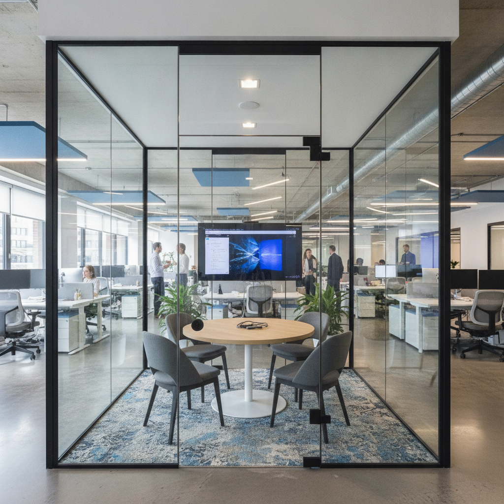 hUDDLE ROOM IN A MODERN OFFICE WITH OPEN SPACE